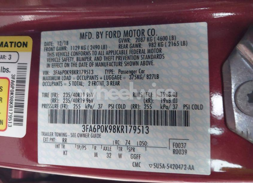 Photo 9 of 2019 Ford Fusion TITANIUM (VIN 3FA6P0K98KR179513)