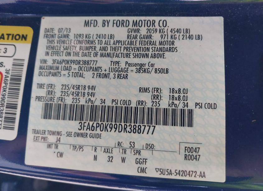 Photo 9 of 2013 Ford Fusion TITANIUM (VIN 3FA6P0K99DR388777)