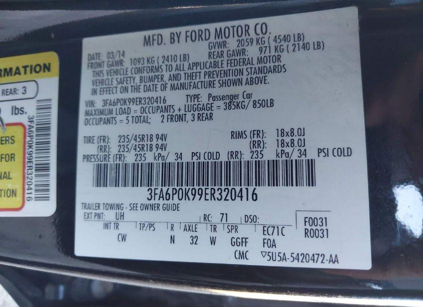 Photo 9 of 2014 Ford Fusion TITANIUM (VIN 3FA6P0K99ER320416)