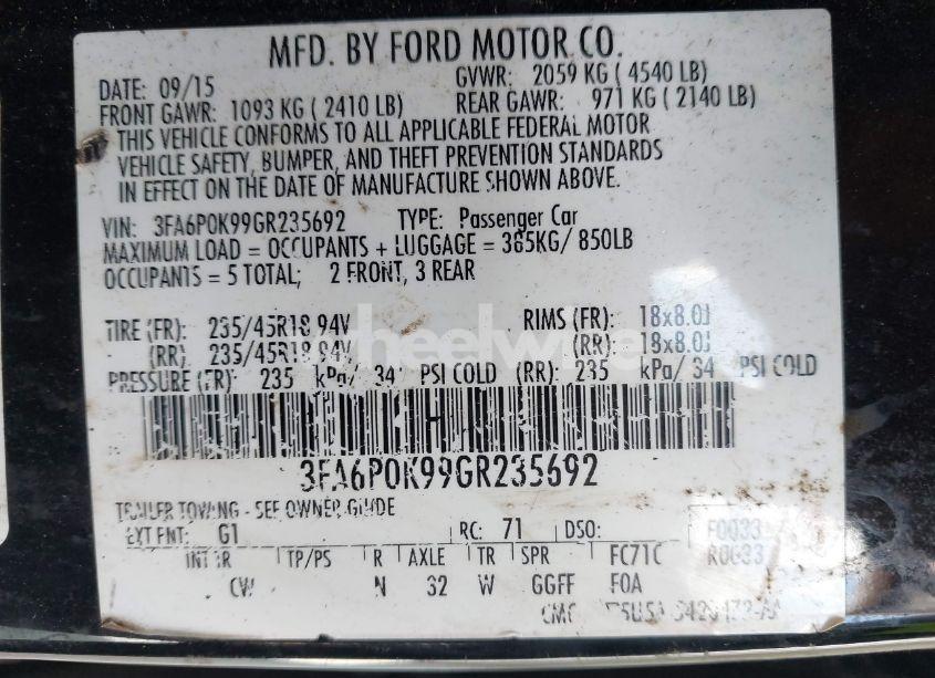 Photo 9 of 2016 Ford Fusion TITANIUM (VIN 3FA6P0K99GR235692)