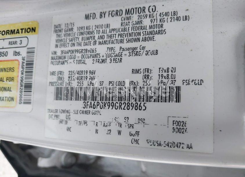 Photo 9 of 2016 Ford Fusion TITANIUM (VIN 3FA6P0K99GR289865)