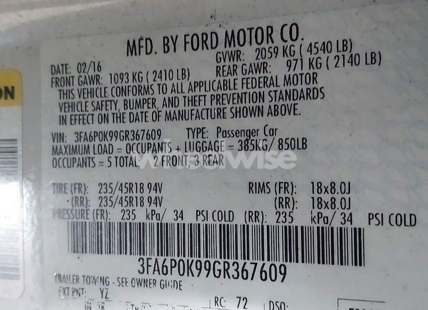 Photo 9 of 2016 Ford Fusion TITANIUM (VIN 3FA6P0K99GR367609)