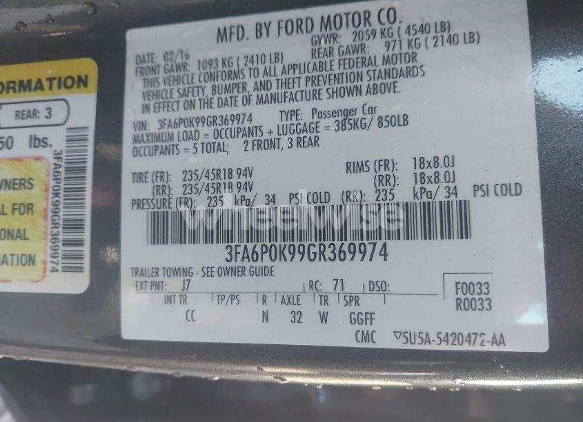 Photo 9 of 2016 Ford Fusion TITANIUM (VIN 3FA6P0K99GR369974)