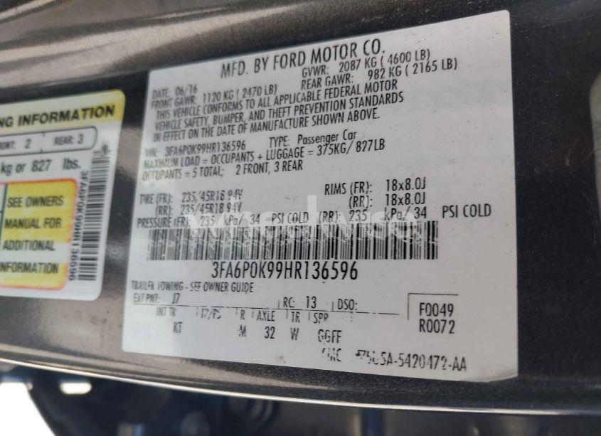 Photo 9 of 2017 Ford Fusion TITANIUM (VIN 3FA6P0K99HR136596)