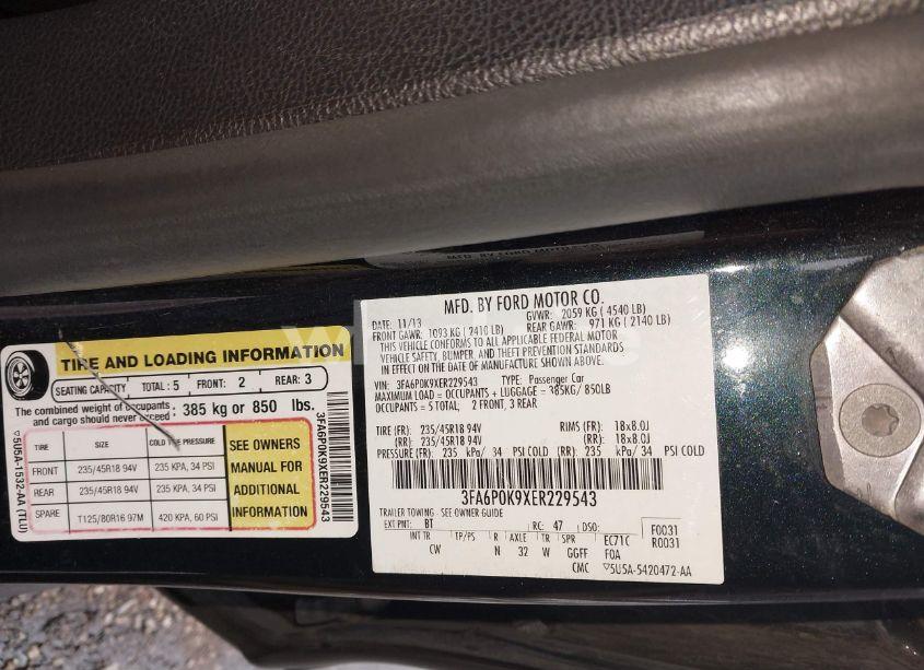 Photo 9 of 2014 Ford Fusion TITANIUM (VIN 3FA6P0K9XER229543)