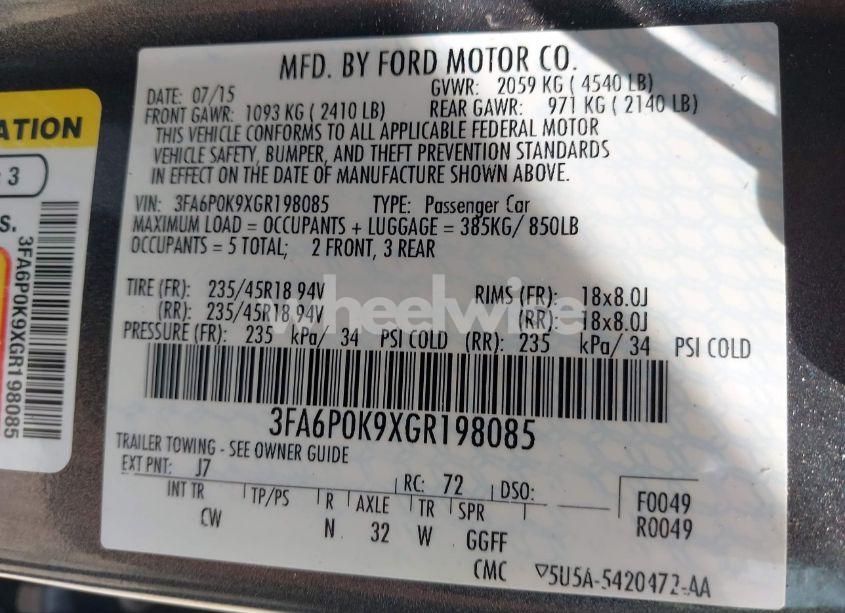 Photo 9 of 2016 Ford Fusion TITANIUM (VIN 3FA6P0K9XGR198085)