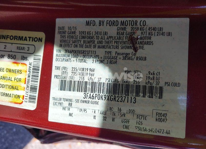 Photo 9 of 2016 Ford Fusion TITANIUM (VIN 3FA6P0K9XGR237113)