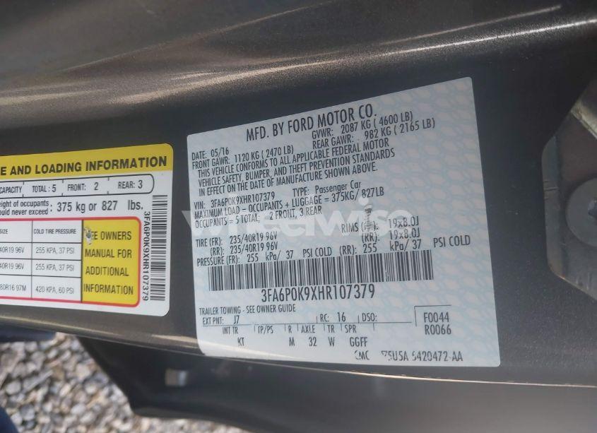 Photo 9 of 2017 Ford Fusion TITANIUM (VIN 3FA6P0K9XHR107379)