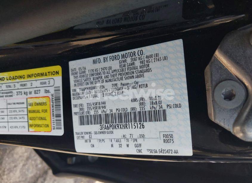 Photo 9 of 2017 Ford Fusion TITANIUM (VIN 3FA6P0K9XHR115126)