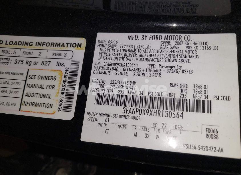 Photo 9 of 2017 Ford Fusion TITANIUM (VIN 3FA6P0K9XHR130564)