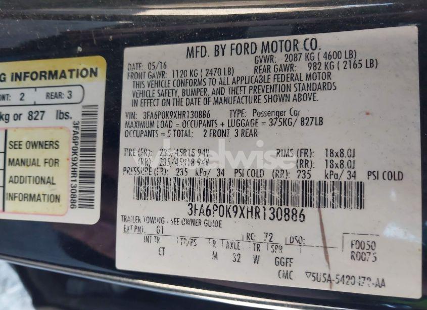 Photo 9 of 2017 Ford Fusion TITANIUM (VIN 3FA6P0K9XHR130886)