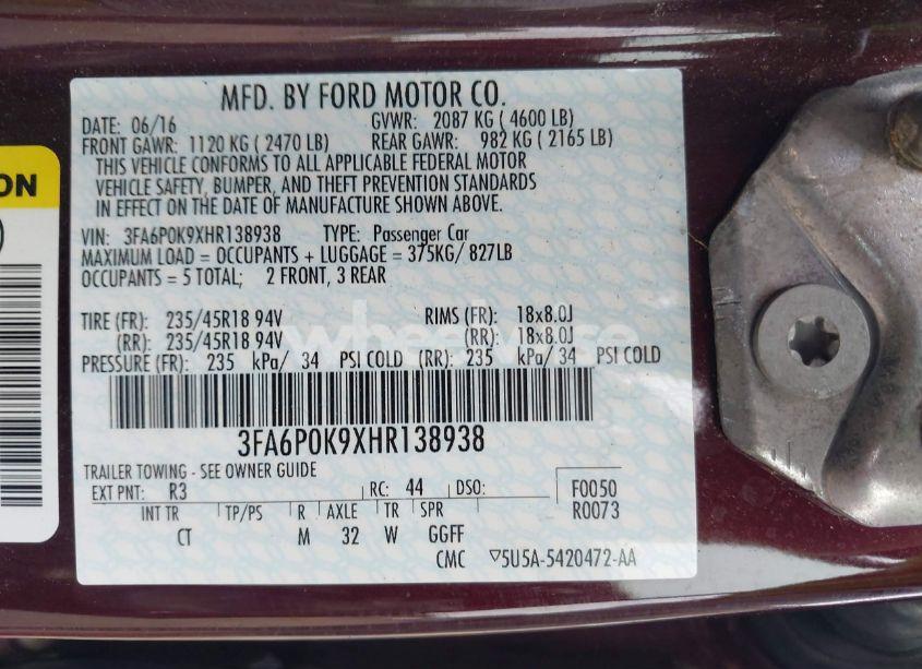 Photo 9 of 2017 Ford Fusion TITANIUM (VIN 3FA6P0K9XHR138938)