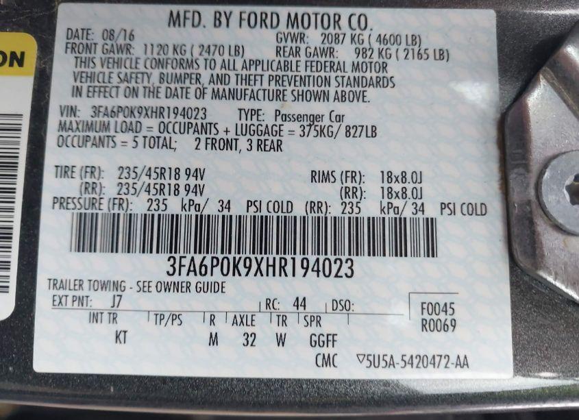 Photo 9 of 2017 Ford Fusion TITANIUM (VIN 3FA6P0K9XHR194023)