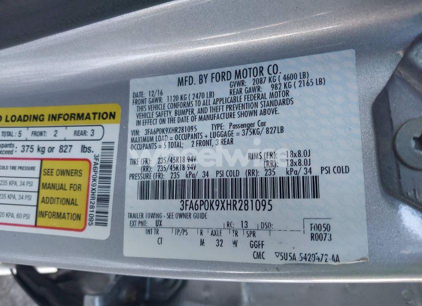 Photo 9 of 2017 Ford Fusion TITANIUM (VIN 3FA6P0K9XHR281095)