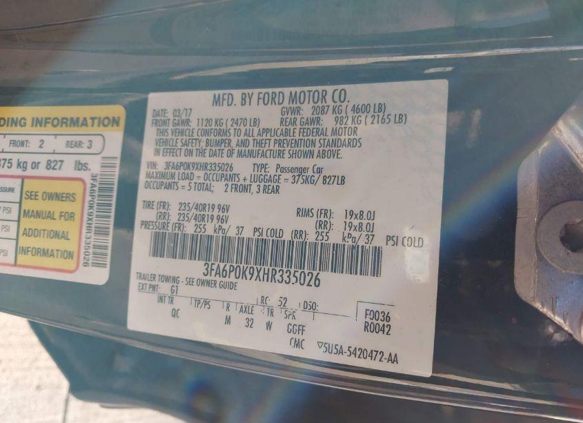 Photo 9 of 2017 Ford Fusion PLATINUM (VIN 3FA6P0K9XHR335026)