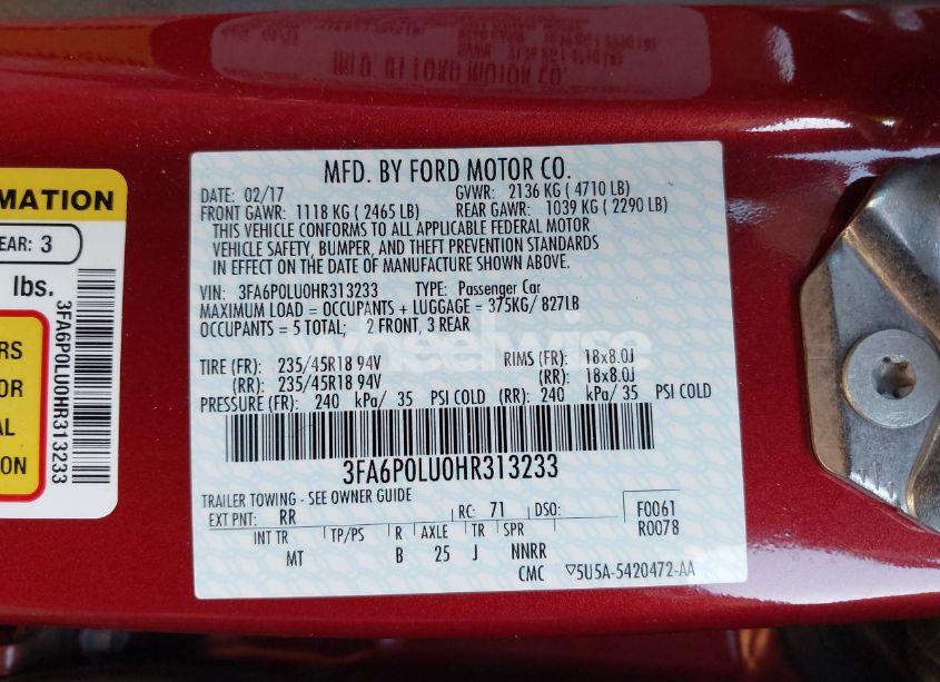 Photo 9 of 2017 Ford Fusion HYBRID SE (VIN 3FA6P0LU0HR313233)