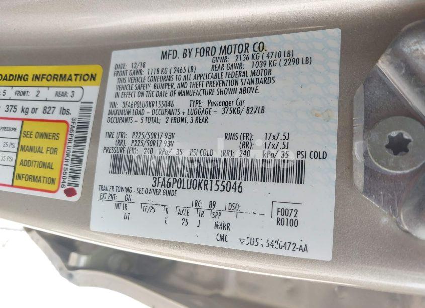 Photo 9 of 2019 Ford Fusion HYBRID SE (VIN 3FA6P0LU0KR155046)