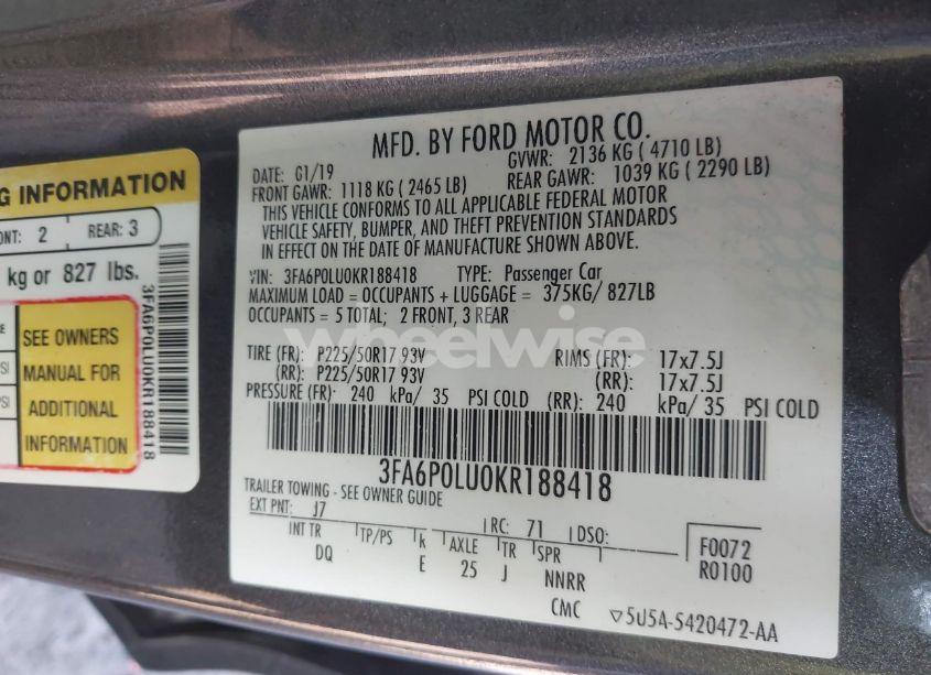 Photo 9 of 2019 Ford Fusion HYBRID SE (VIN 3FA6P0LU0KR188418)