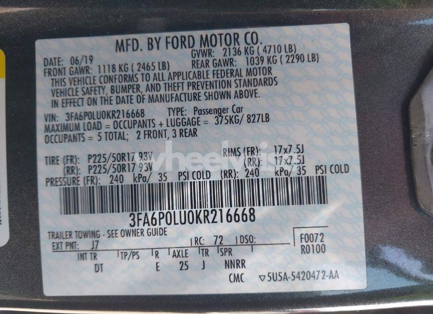 Photo 9 of 2019 Ford Fusion HYBRID SE (VIN 3FA6P0LU0KR216668)