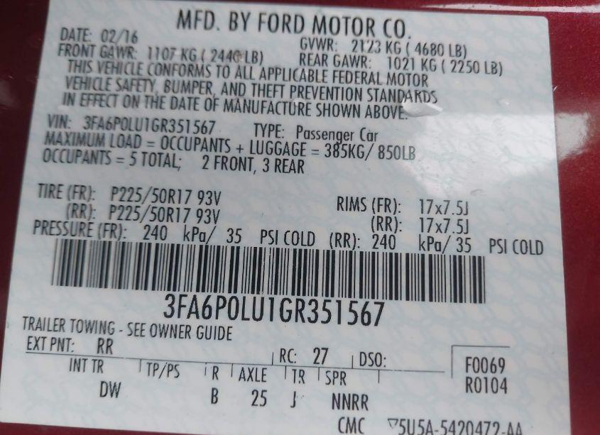 Photo 9 of 2016 Ford Fusion HYBRID SE (VIN 3FA6P0LU1GR351567)