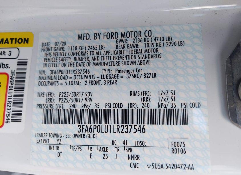 Photo 9 of 2020 Ford Fusion HYBRID SE (VIN 3FA6P0LU1LR237546)