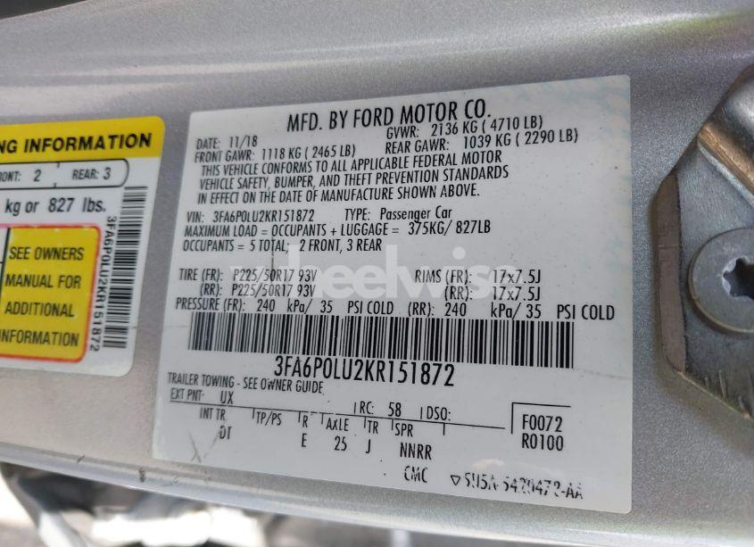 Photo 9 of 2019 Ford Fusion HYBRID SE (VIN 3FA6P0LU2KR151872)