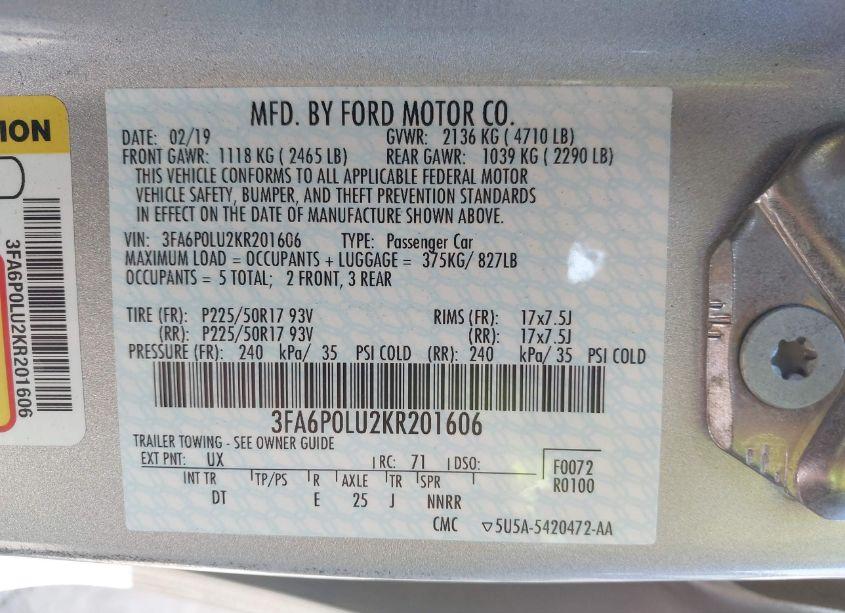 Photo 9 of 2019 Ford Fusion HYBRID SE (VIN 3FA6P0LU2KR201606)