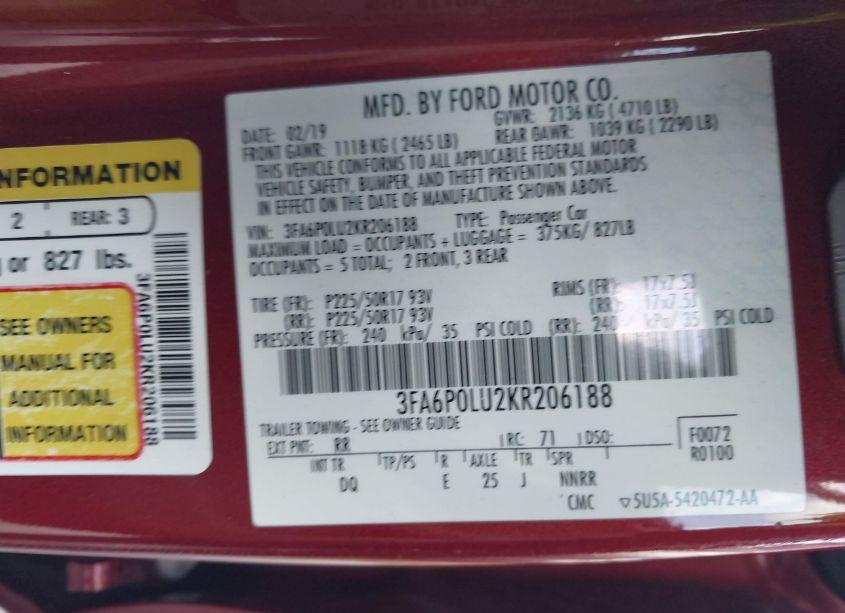 Photo 9 of 2019 Ford Fusion HYBRID SE (VIN 3FA6P0LU2KR206188)