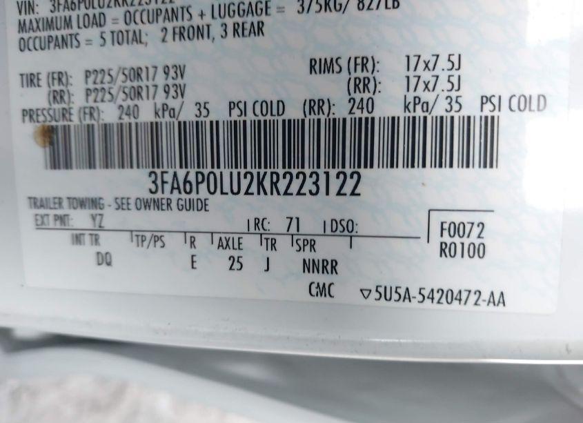 Photo 9 of 2019 Ford Fusion HYBRID SE (VIN 3FA6P0LU2KR223122)