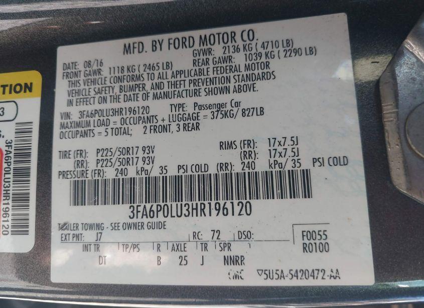 Photo 9 of 2017 Ford Fusion HYBRID SE (VIN 3FA6P0LU3HR196120)