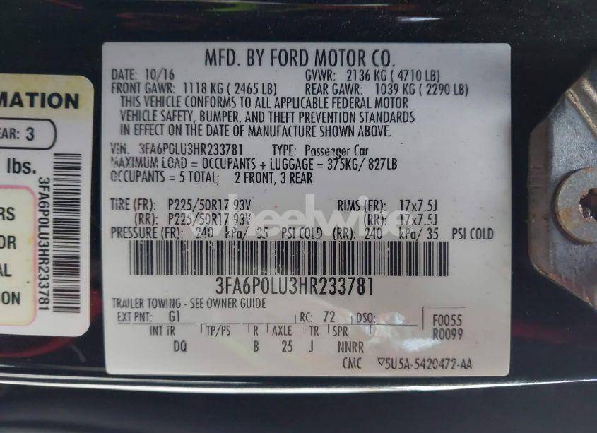 Photo 9 of 2017 Ford Fusion HYBRID SE (VIN 3FA6P0LU3HR233781)