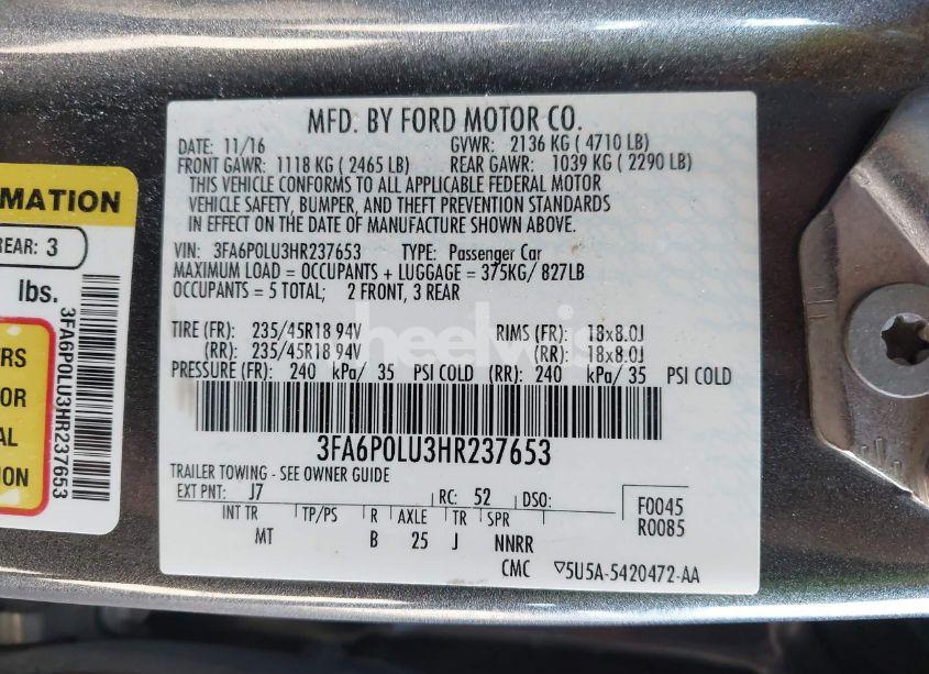 Photo 9 of 2017 Ford Fusion HYBRID SE (VIN 3FA6P0LU3HR237653)