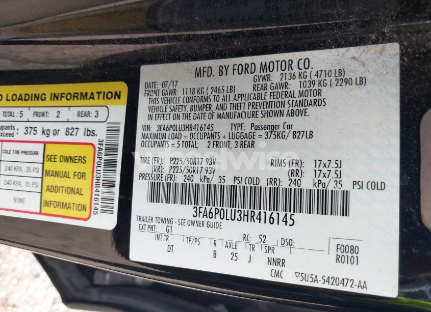 Photo 9 of 2017 Ford Fusion HYBRID SE (VIN 3FA6P0LU3HR416145)