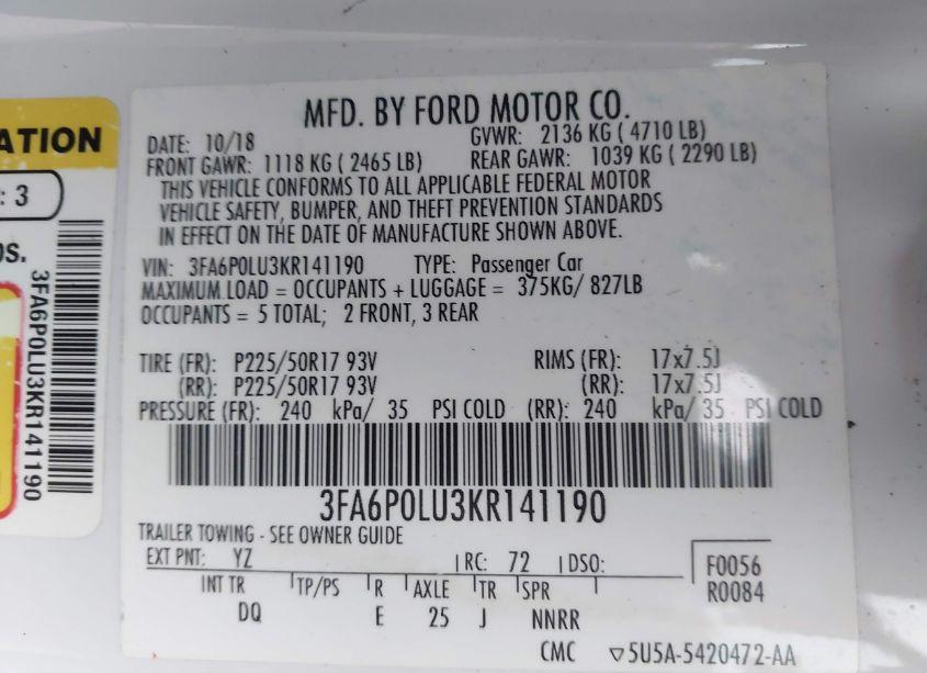 Photo 9 of 2019 Ford Fusion HYBRID SE (VIN 3FA6P0LU3KR141190)