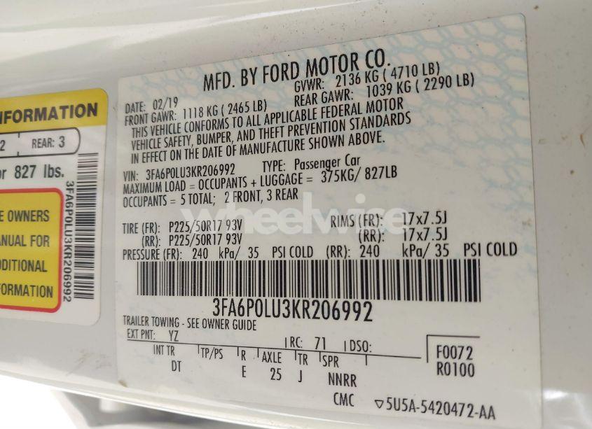 Photo 9 of 2019 Ford Fusion HYBRID SE (VIN 3FA6P0LU3KR206992)