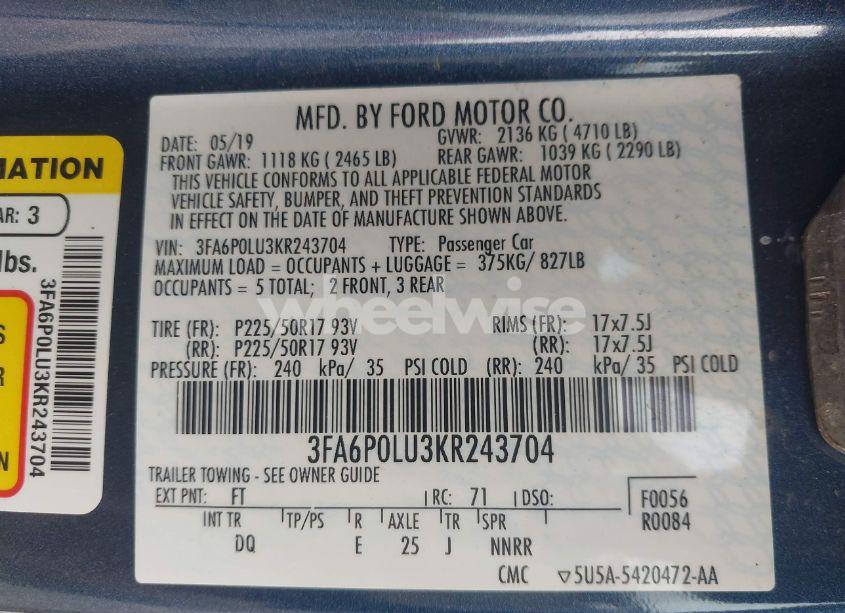 Photo 9 of 2019 Ford Fusion HYBRID SE (VIN 3FA6P0LU3KR243704)