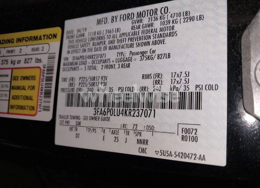 Photo 9 of 2019 Ford Fusion HYBRID SE (VIN 3FA6P0LU4KR237071)