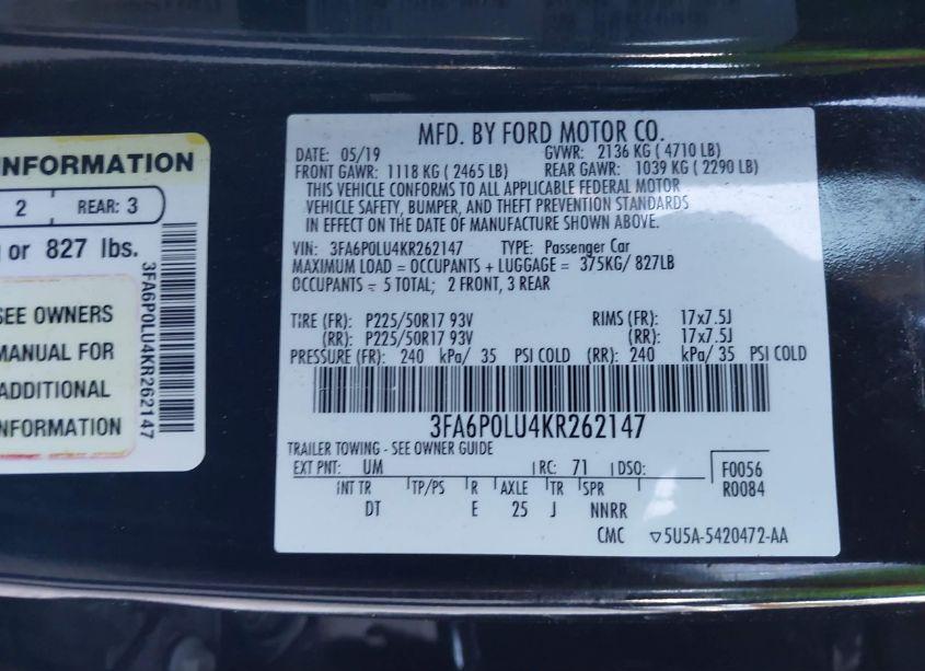 Photo 9 of 2019 Ford Fusion HYBRID SE (VIN 3FA6P0LU4KR262147)
