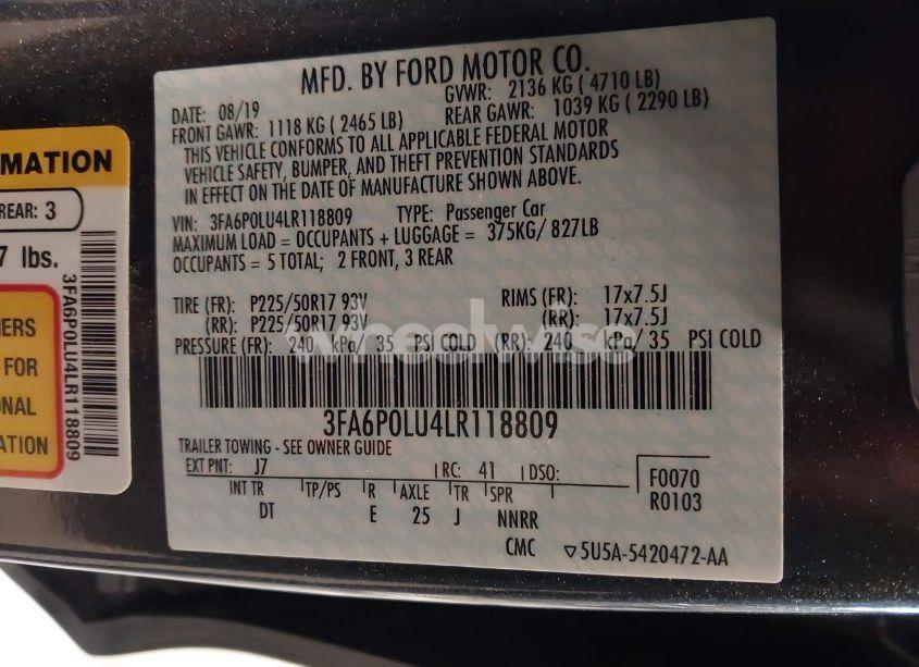 Photo 9 of 2020 Ford Fusion HYBRID SE (VIN 3FA6P0LU4LR118809)
