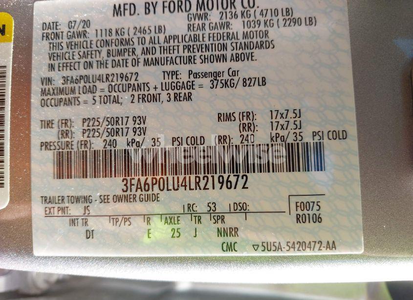 Photo 9 of 2020 Ford Fusion HYBRID SE (VIN 3FA6P0LU4LR219672)