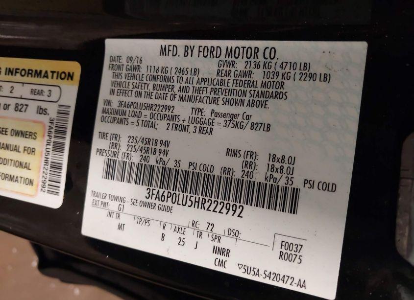 Photo 9 of 2017 Ford Fusion HYBRID SE (VIN 3FA6P0LU5HR222992)