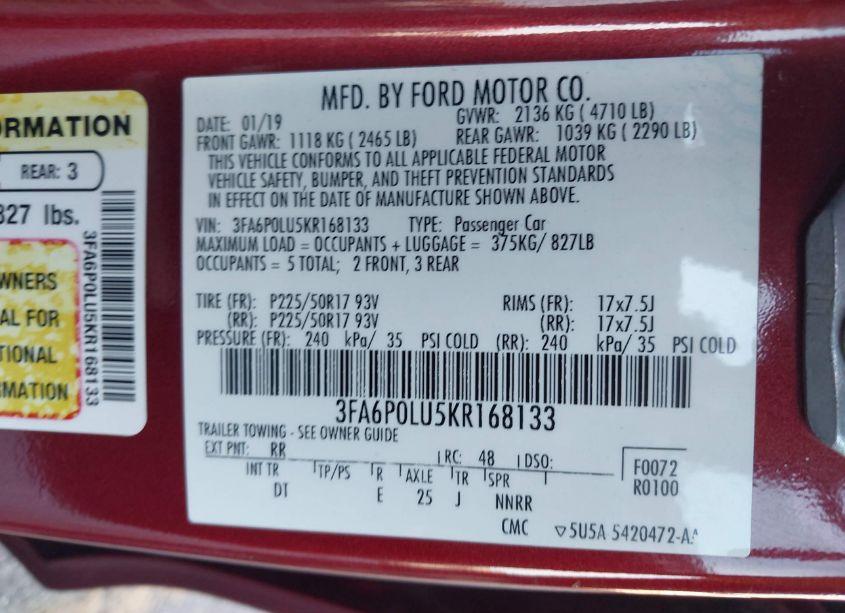 Photo 9 of 2019 Ford Fusion HYBRID SE (VIN 3FA6P0LU5KR168133)