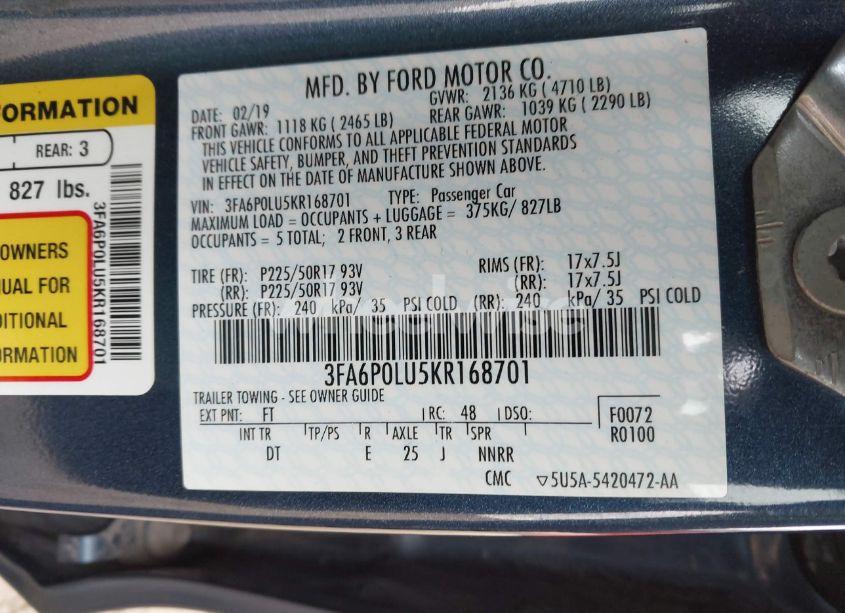 Photo 9 of 2019 Ford Fusion HYBRID SE (VIN 3FA6P0LU5KR168701)
