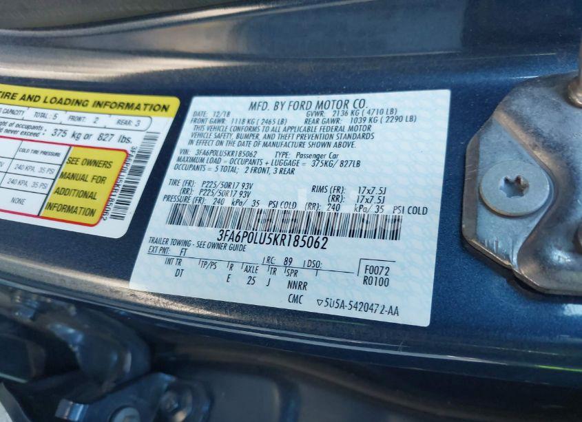 Photo 9 of 2019 Ford Fusion HYBRID SE (VIN 3FA6P0LU5KR185062)