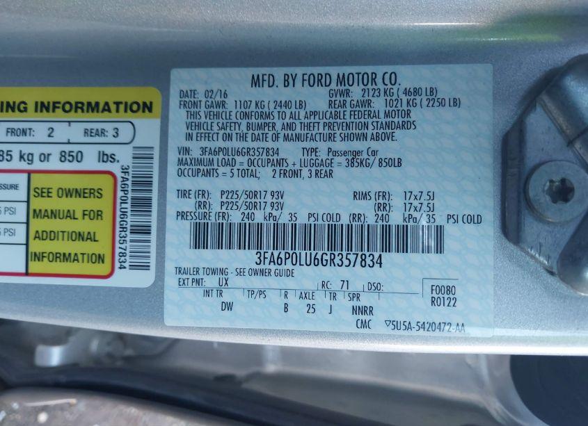 Photo 9 of 2016 Ford Fusion HYBRID SE (VIN 3FA6P0LU6GR357834)