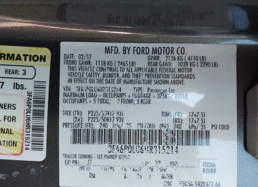 Photo 9 of 2017 Ford Fusion HYBRID SE (VIN 3FA6P0LU6HR315214)