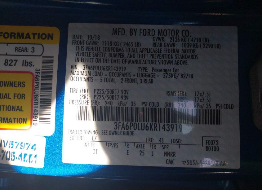 Photo 9 of 2019 Ford Fusion HYBRID SE (VIN 3FA6P0LU6KR143919)