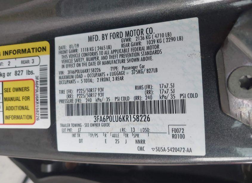 Photo 9 of 2019 Ford Fusion HYBRID SE (VIN 3FA6P0LU6KR158226)