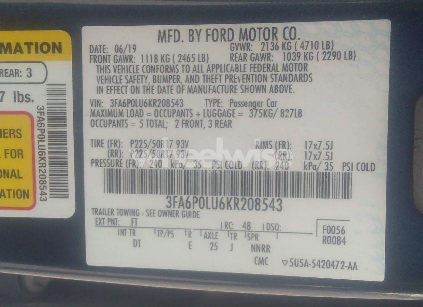 Photo 9 of 2019 Ford Fusion HYBRID SE (VIN 3FA6P0LU6KR208543)