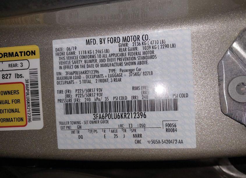Photo 9 of 2019 Ford Fusion HYBRID SE (VIN 3FA6P0LU6KR212396)